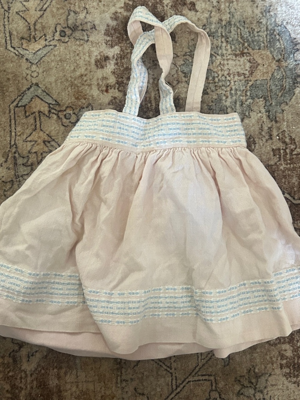 Vintage handmade 80s Light Pink Smocked Strappy Baby Dress/skirtt with Blue Trim